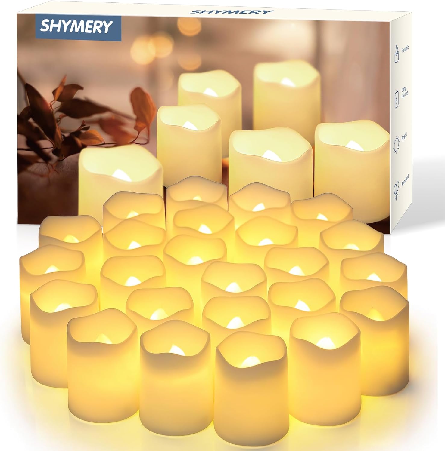 SHYMERY Flameless Votive Candles,Flameless Flickering Electric Fake Candle,24 Pack 200+Hour Battery Operated LED Tea Lights in Warm White for Wedding, Table, Halloween,Christmas Decorations 1.5″X1.7″