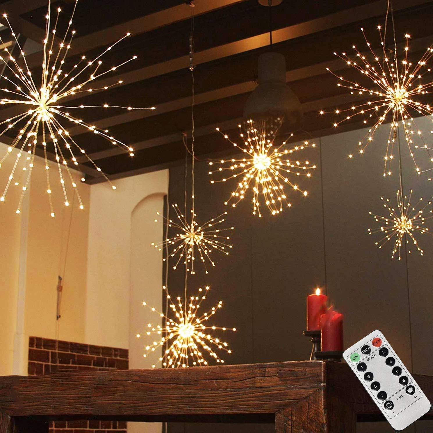 200LED Hanging Sphere Lights, Battery Operated Starburst Lights, 8 Modes Dimmable Remote Control, Waterproof Fairy Lights, Copper Wire Lights for Indoor Outdoor Christmas Decor (Warm White)