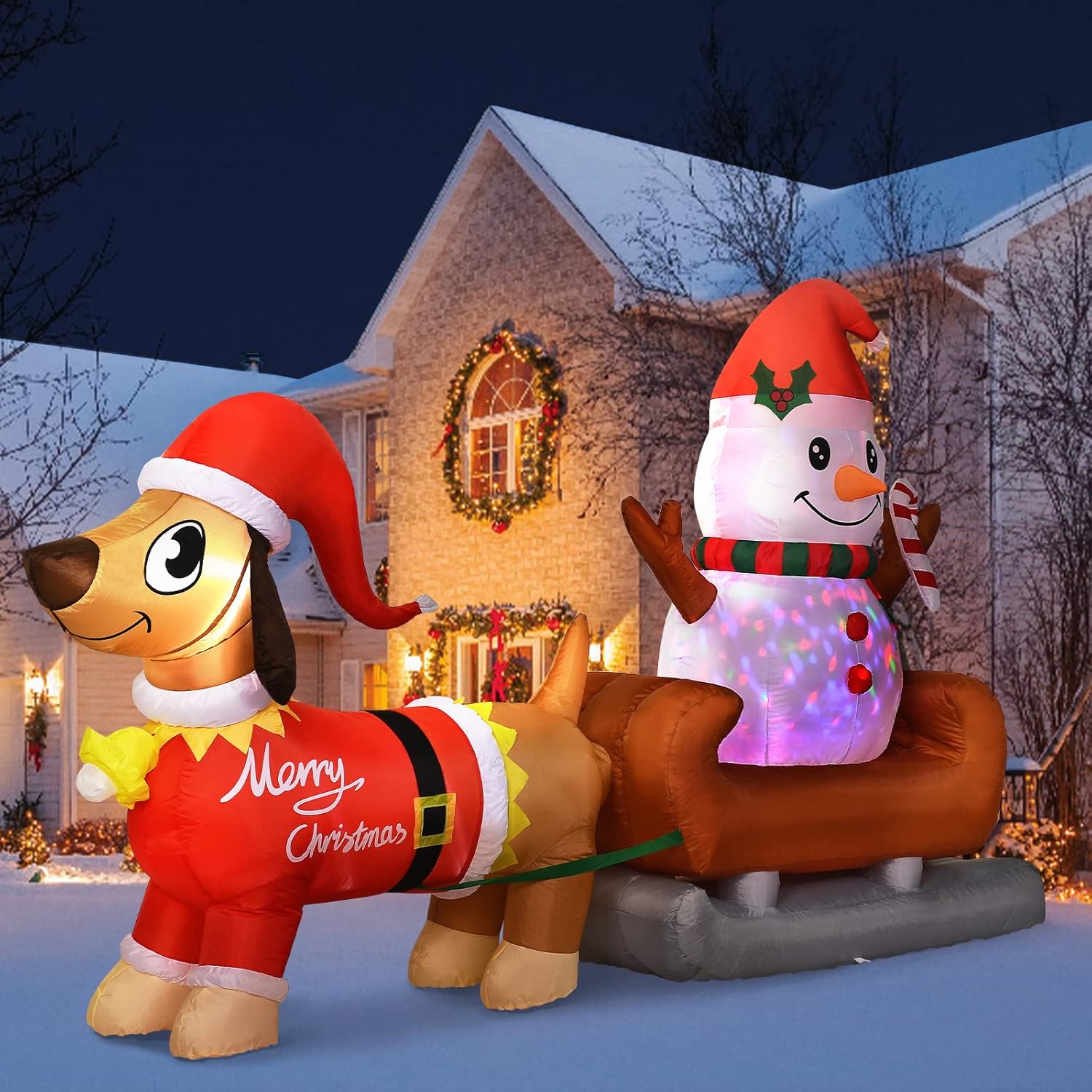 8 Ft Outdoor Inflatable Snowman Christmas Decoration with Rotating LED Lights, Dog Inflatable Xmas Yard Decor