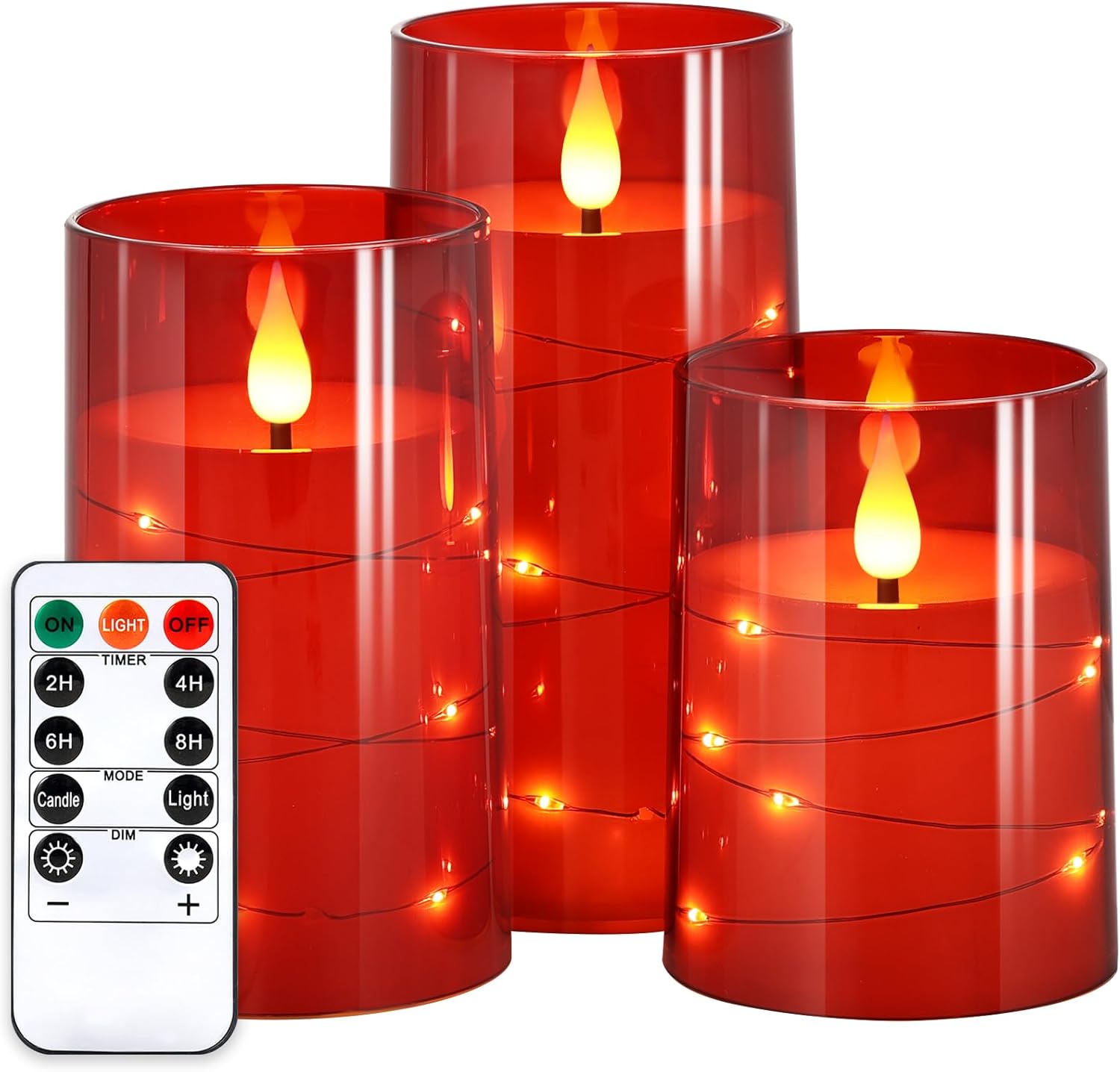 NURADA Flickering Flameless Candles: Built-in Star String Lights Battery Operated LED Pillar Candles with Remote and Timer Romantic Decorations for Wedding Party Christmas Halloween – Red 3 Pack