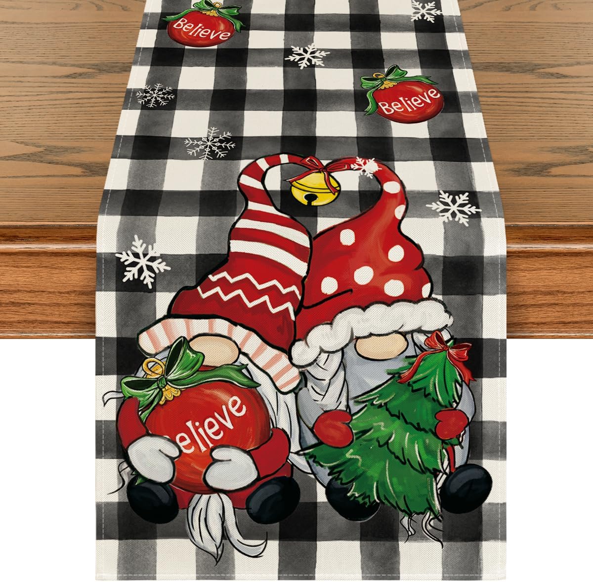 Artoid Mode Buffalo Plaid Gnome Bell Xmas Tree Christmas Table Runner, Seasonal Winter Kitchen Dining Table Decoration for Home Party Decor 13×72 Inch