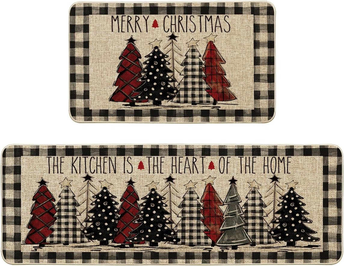 Artoid Mode Buffalo Plaid Xmas Tree Merry Christmas Kitchen Mats Set of 2, Winter Home Decor Low-Profile Kitchen Rugs for Floor – 17×29 and 17×47 Inch