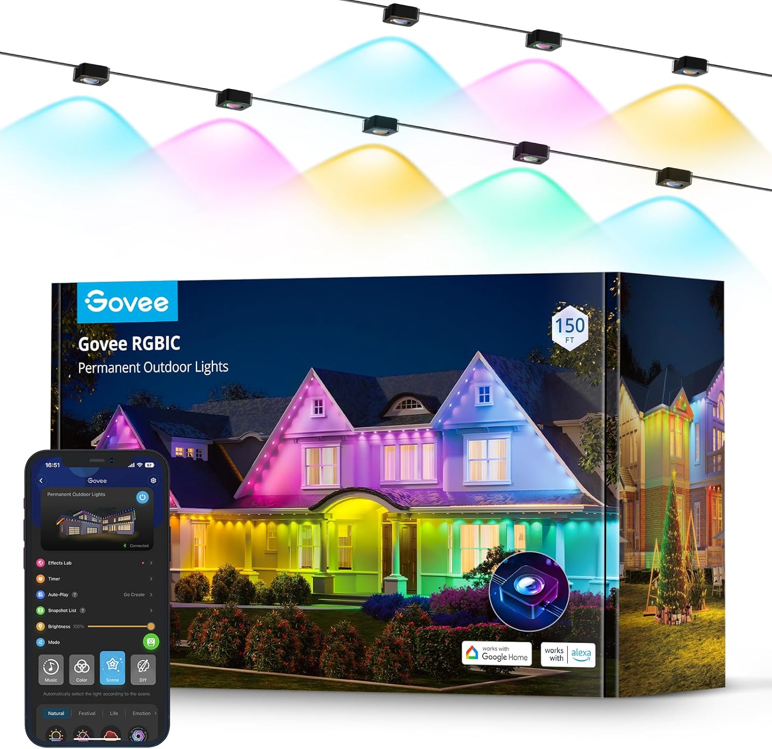 Govee Permanent Outdoor Lights, Smart RGBIC Outdoor Lights with 75 Scene Modes, 150ft with 108 LED Christmas Lights, IP67 Waterproof for Christmas Decorations, Work with Alexa, Google Assistant, Black