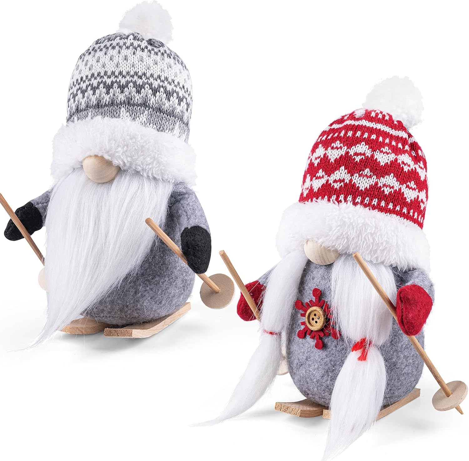 D-FantiX 2Pack Sled Christmas Gnomes Plush with Wood Skis and Ski Poles, Handmade Swedish Tomte Santa Scandinavian Figurine Nordic Plush Elf Doll Gnome Ornaments Christmas Decorations Home Decor