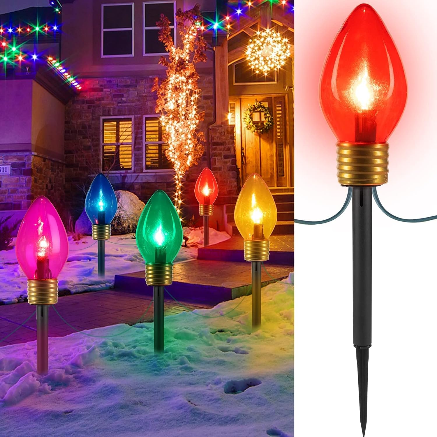 Christmas Lights Jumbo C9 Outdoor Lawn Decorations with Pathway Marker Stakes, 8.5ft C7 Lights Covered Jumbo Glitter Multicolor Bulb for Holiday Outside Yard Garden Decor, 5 Lights