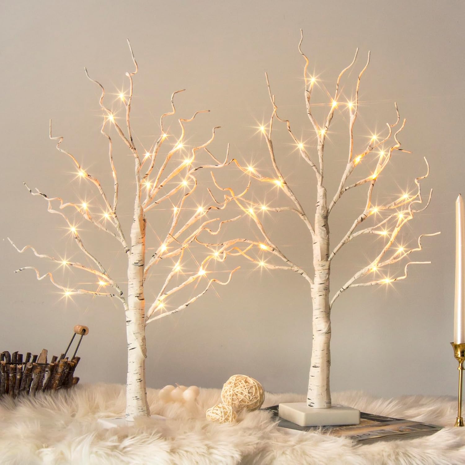 Vanthylit White Birch Tree with LED Lights – Set of 2, LED Tabletop Tree with Timer, Christmas Decorations Lighted Tree for Indoor Mantel Home Decor (2 FT, 24 LED)