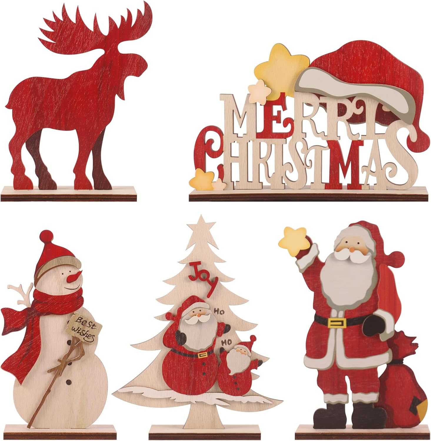 RoseCraft Christmas Decorations, Rustic Wooden Xmas Tabletop Decor, with Snowman/Reindeer/Xmas Tree/Santa Claus/Christmas Sign. for Home Farmhouse Indoor Holiday Party Decor – 5PCS.