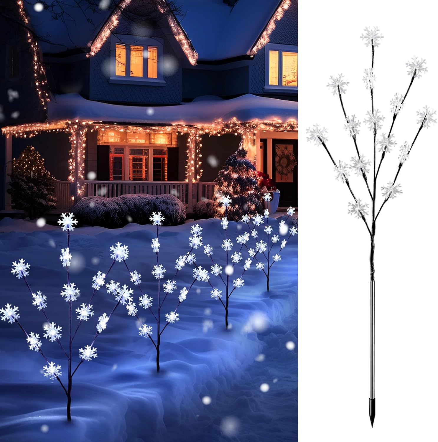 Snowflake Lights Outdoor Pathway, 4 Packs Lighted Branches Christmas Yard Decor, Small Christmas Tree with Lights, Twig Branch Lights Outdoor Christmas Decorations Yard, White