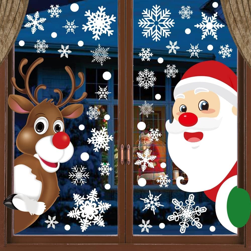 HINZER 310Pcs Christmas Window Clings Christmas Window Decorations Xmas Window Flakes Christmas Decals for Home Deer Santa Claus and Snowflakes