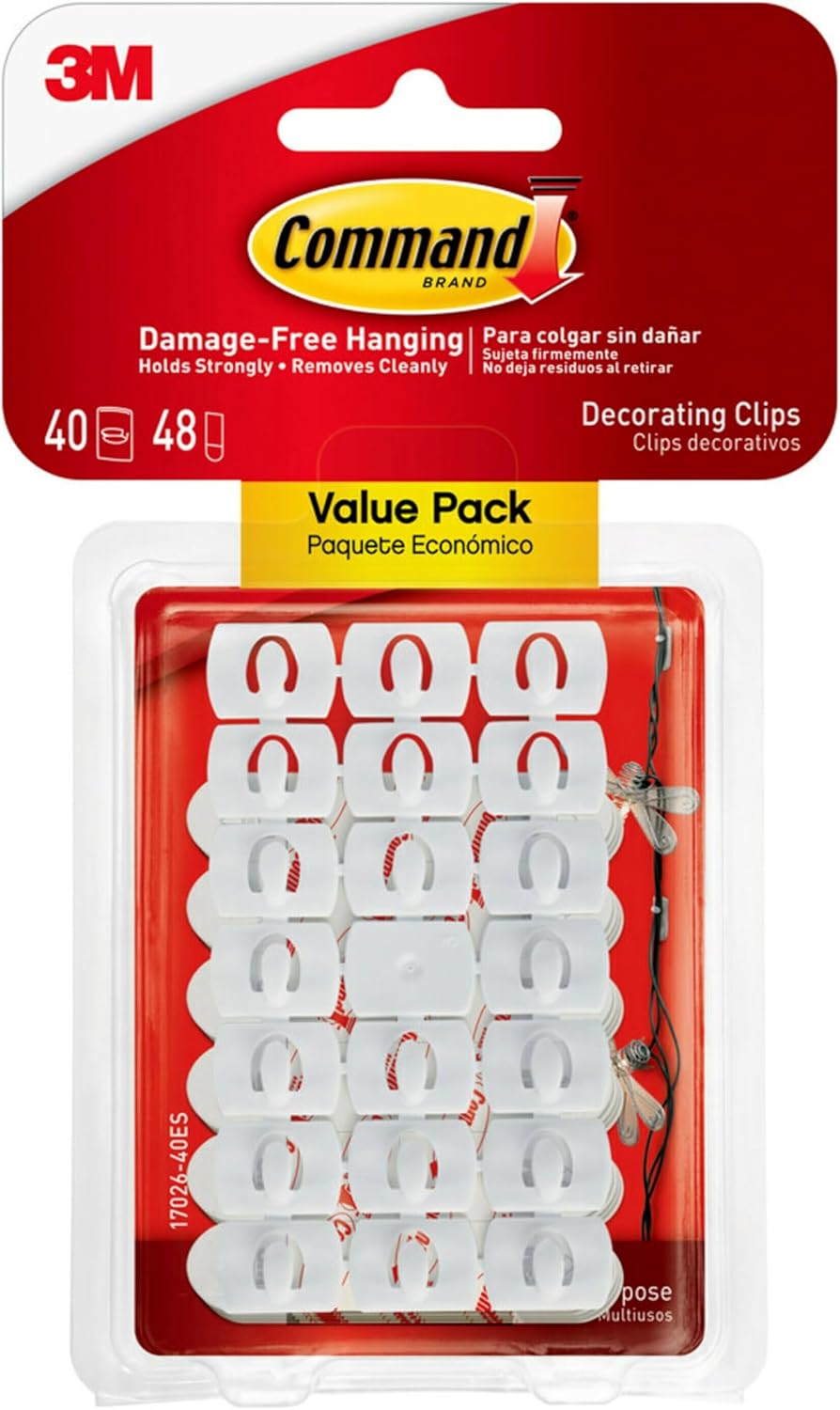 Command Decorating Clips, 40 Clips and 48 Command Strips, Damage Free Hanging Light Clips with Adhesive Strips, No Tools Small Wall Clips for Hanging Lights and Cables for Christmas Decorations