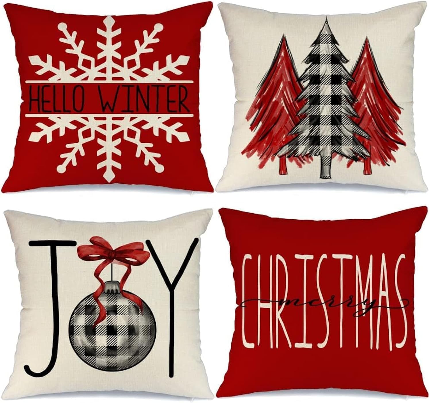 GEEORY Christmas Pillow Covers 18×18 Set of 4 for Xmas Decorations Buffalo Plaid Check Christmas Tree Joy Snow Pillow Cases Winter Holiday Throw Pillows Farmhouse Decor for Couch