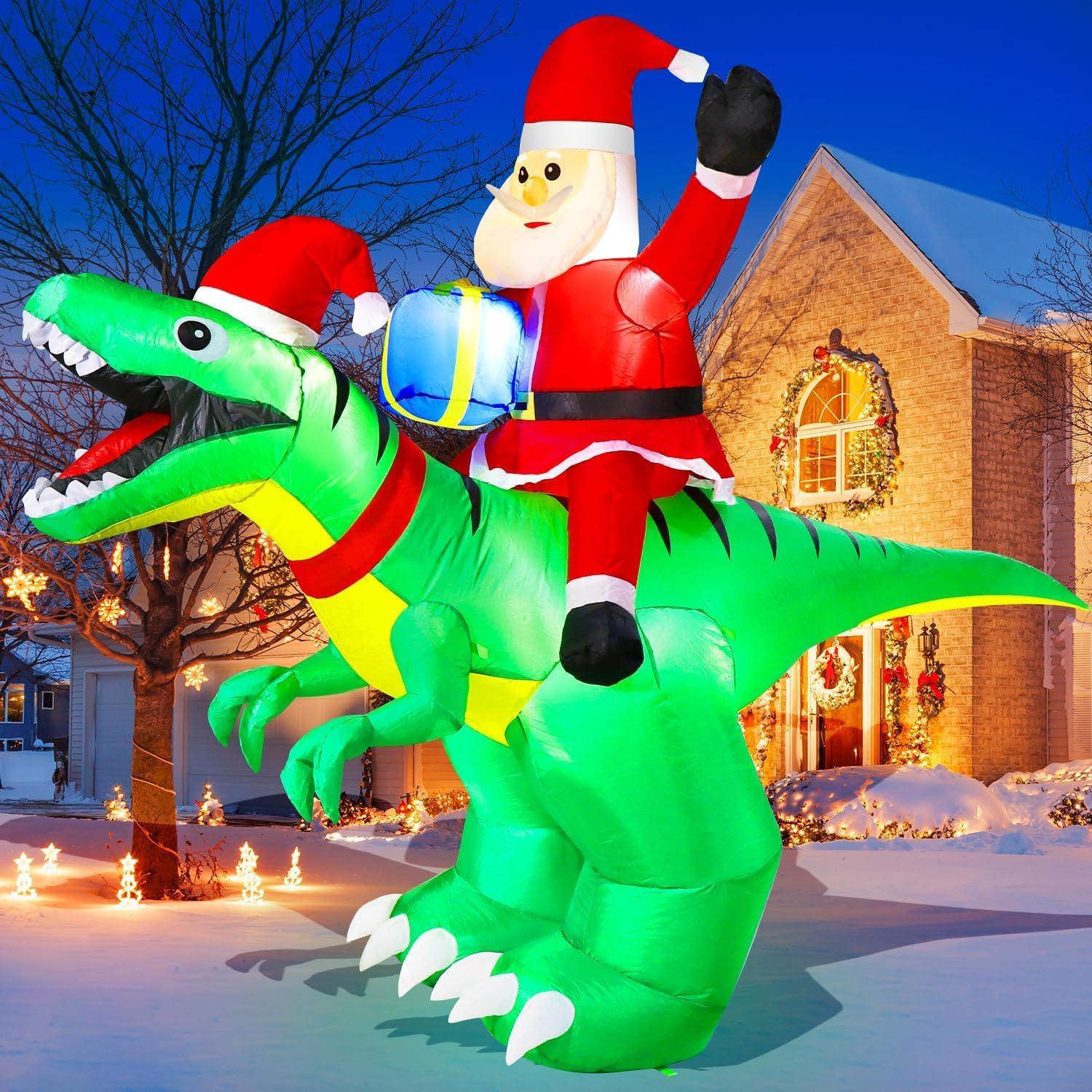 9x7FT Christmas Inflatables Decorations with LED Santa Ride on Dinosaur Outdoor Christmas Dinosaur Inflatable Christmas Blow Up Yard Decorations with Sandbags Stakes Strings for Garden Decor