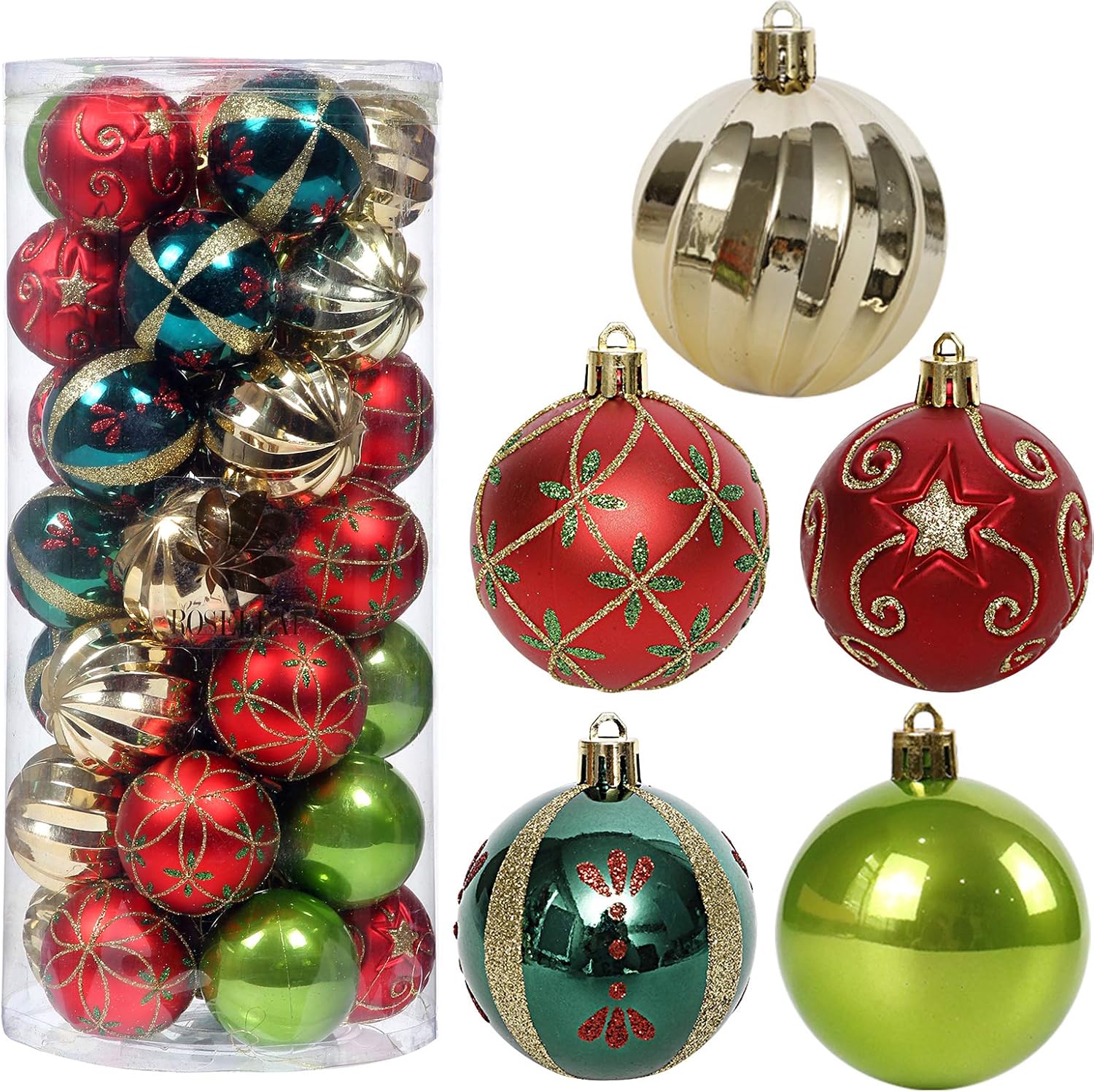 Christmas Tree Ornaments, 30ct Christmas Ball Decoration Set 2.36″ Red Green and Gold Christmas Ball Shatterproof Hanging Tree Ornament Set