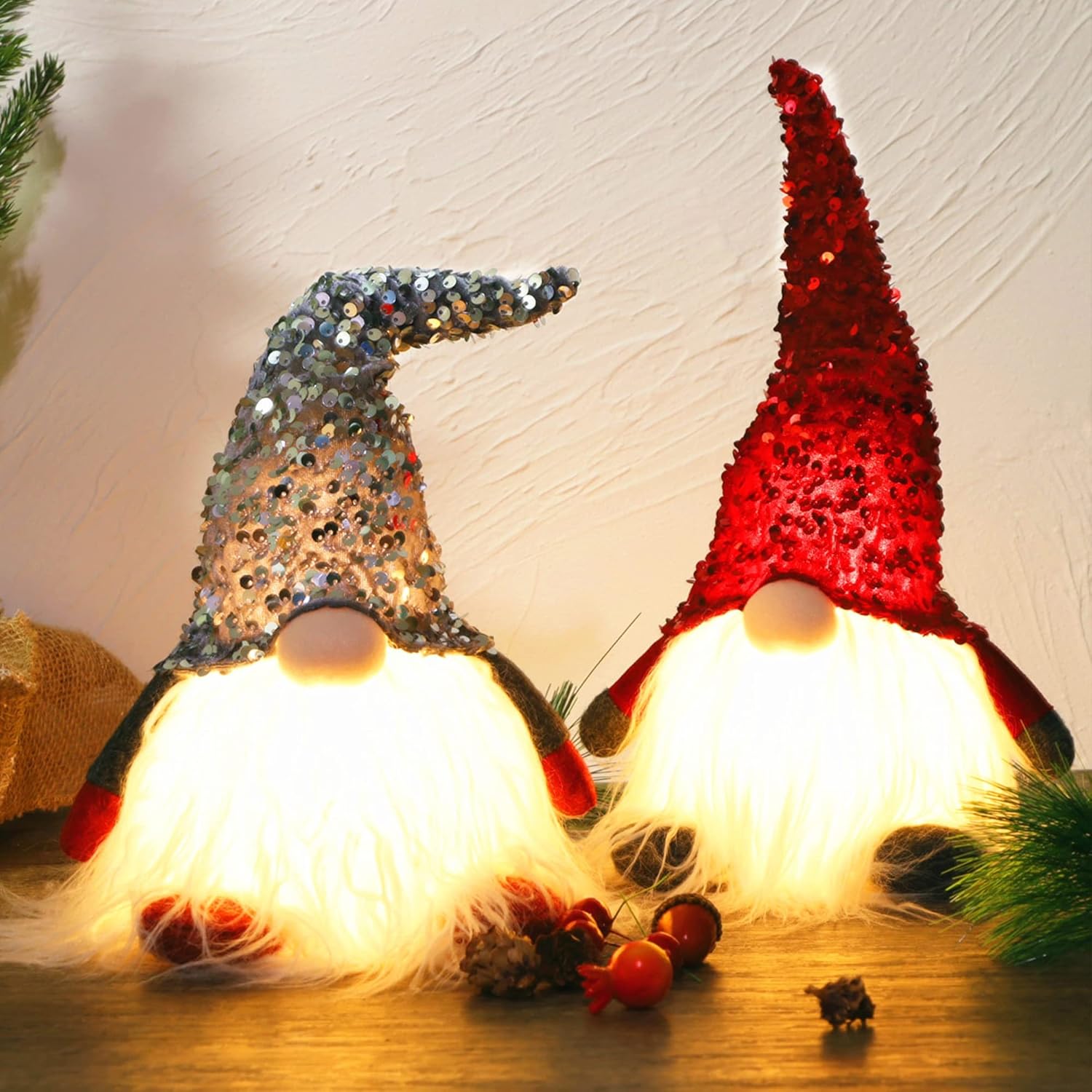 Juegoal 12″ Lighted Christmas Gnome, Handmade Sequins Hat Scandinavian Swedish Tomte, Light Up Plush Elf Toy Holiday Present, Battery Operated Winter Tabletop Christmas Decorations, 2 Set