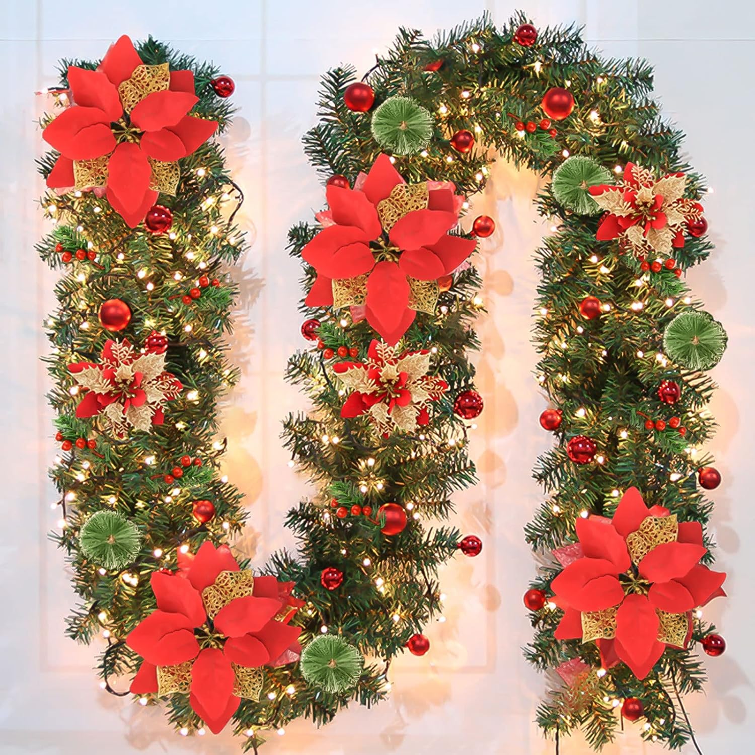 9Ft Pre-lit Christmas Garland with LED Lights Battery Operated, Holiday Decoration Stairs Wall Mantle Door Indoor Outdoor, Decorated with Red Flower, Balls, Berries, Snowy Pine, Christmas Collection