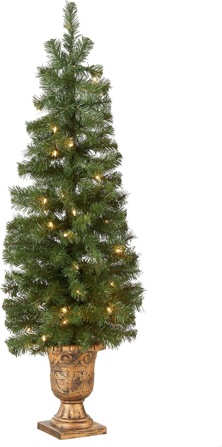 National Tree Company Pre-lit Artificial Tree For Entrances and Christmas| Includes Pre-strung White Lights | Montclair Spruce – 4 ft, Black/Gold