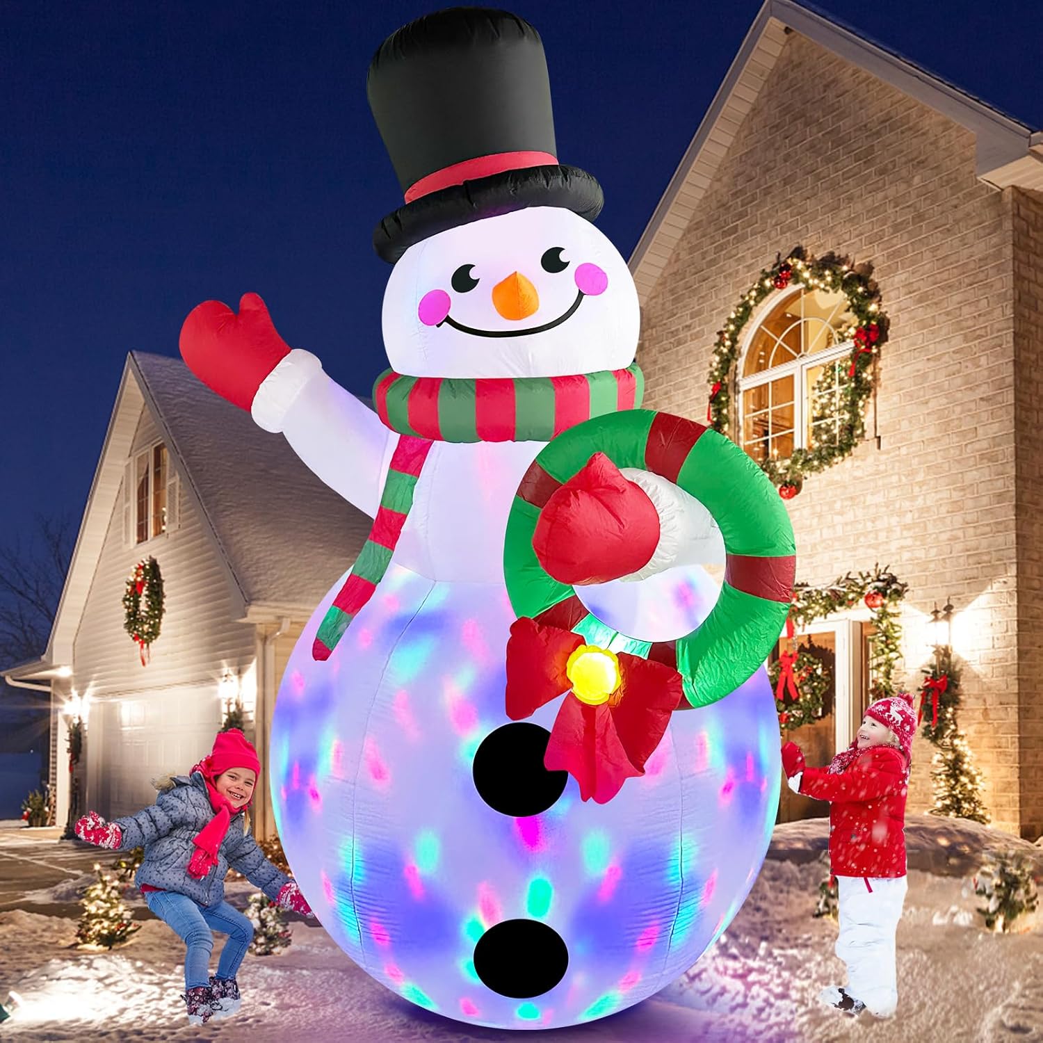 MICOCAH 8FT Christmas Inflatables Outdoor Decorations, Inflatable Snowman Holding Garland Blow Up Yard Decoration Build-in Rotating Colorful LEDs Xmas Holiday Party Indoor Lawn Christmas Eve Décor