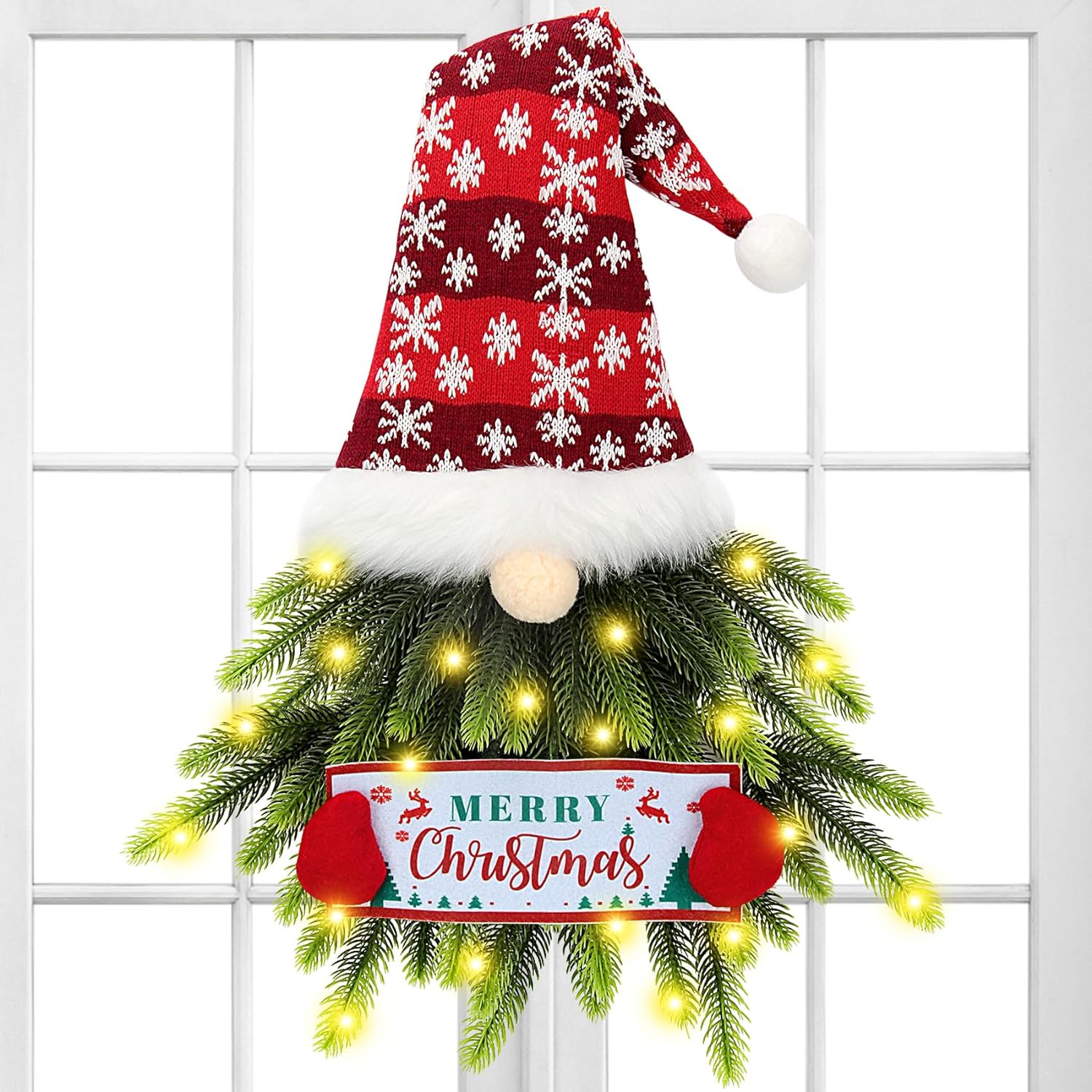 Christmas Wreath for Front Door, Lighted Gnome Christmas Door Wreath, Artificial Santa Xmas Hanging Sign for Door Window Wall Decorations Farmhouse Christmas Home Decor (Red)