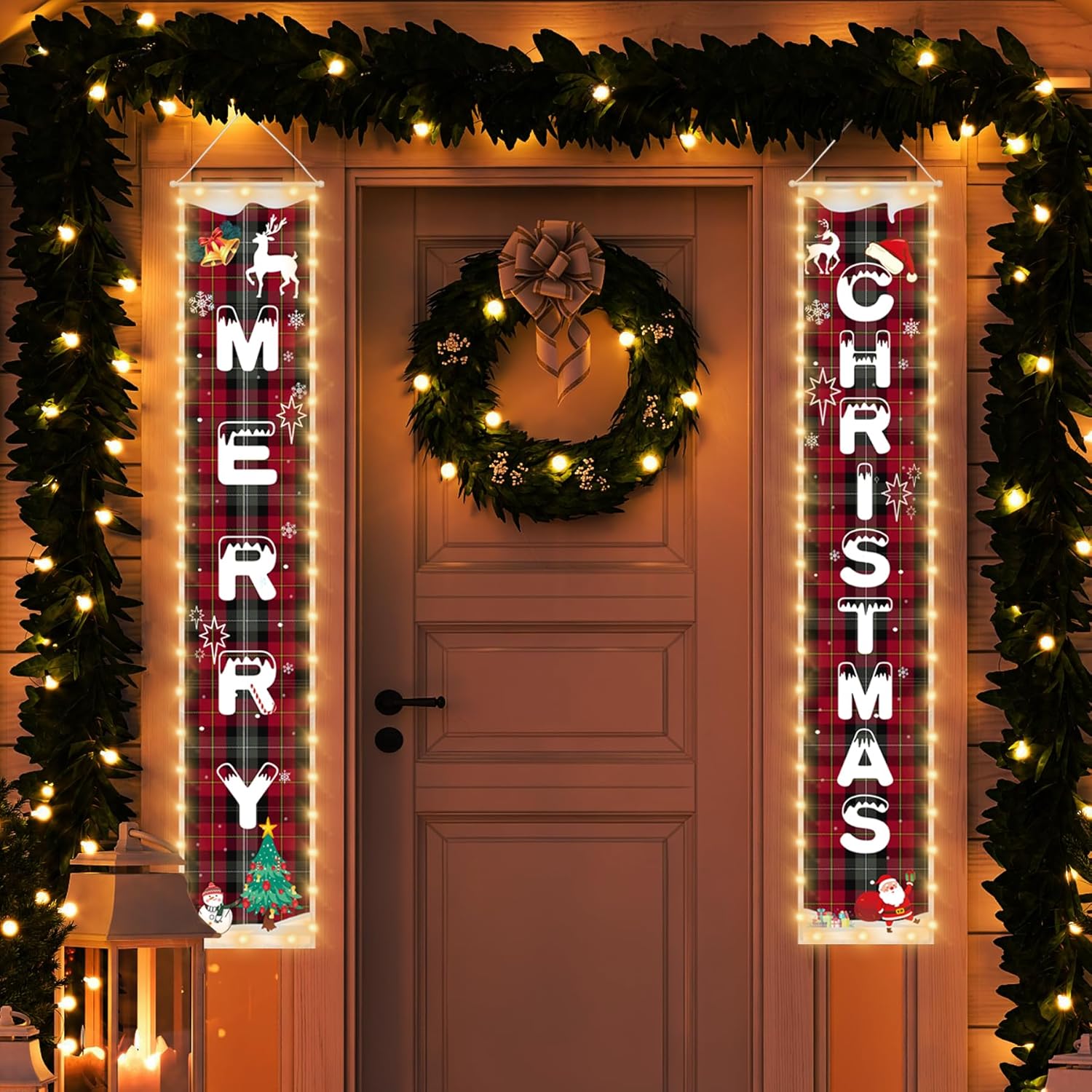 Merry Christmas Banners with String Lights, Christmas Decoration Banners For Outside, Timed Christmas Door Banners, Christmas Decorations For Porch Sign, Indoor, Yard