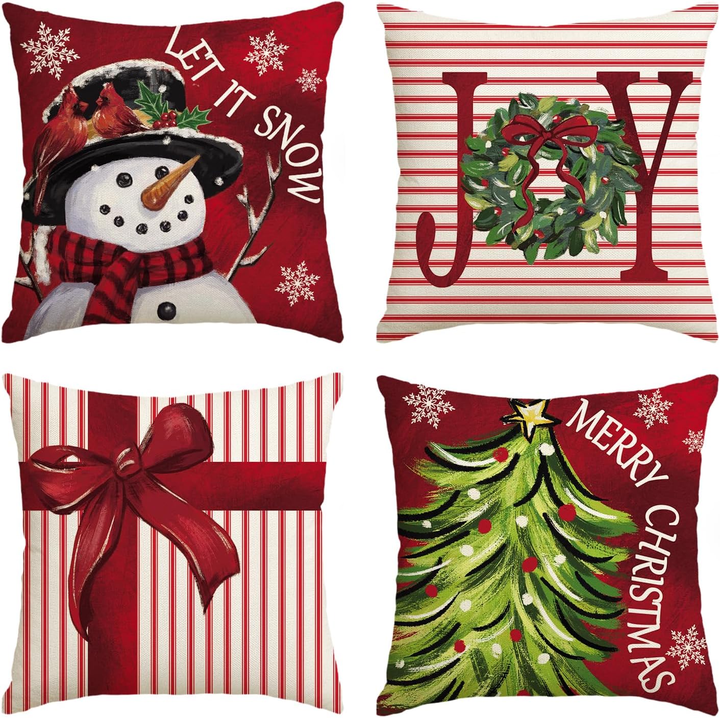 AVOIN colorlife Merry Christmas Let It Snow Joy Stripes Gift Box Red Throw Pillow Covers, 18 x 18 Inch Xmas Tree Holiday Cushion Case Decoration for Sofa Couch Set of 4