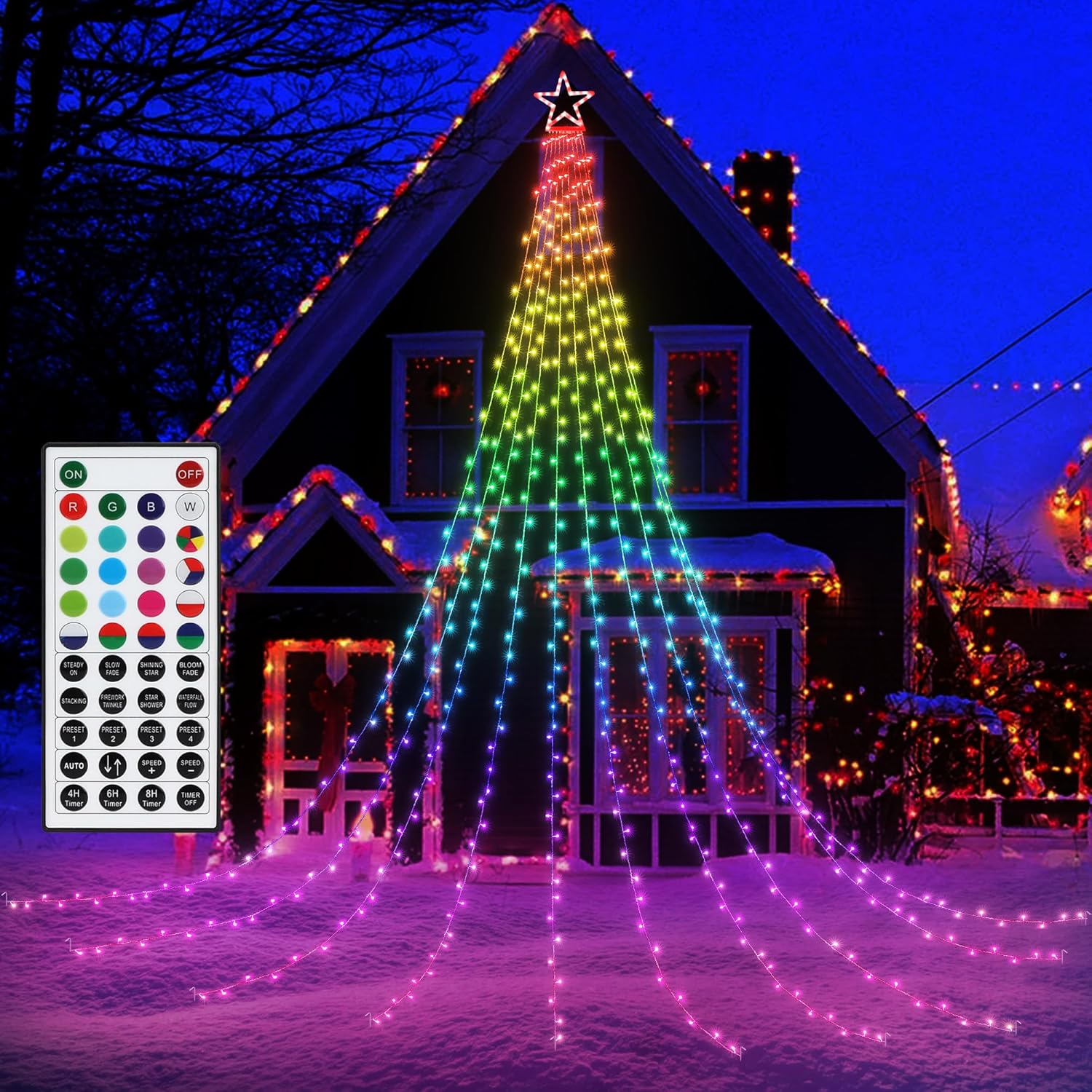 Flacchi Christmas Lights Outdoor with ‎Remote -16.7Ft 504 LED Waterfall Tree Decoration Lights RGB Star String Lights for Tree Yard Exterior Wall Housetop Window Holiday Decor