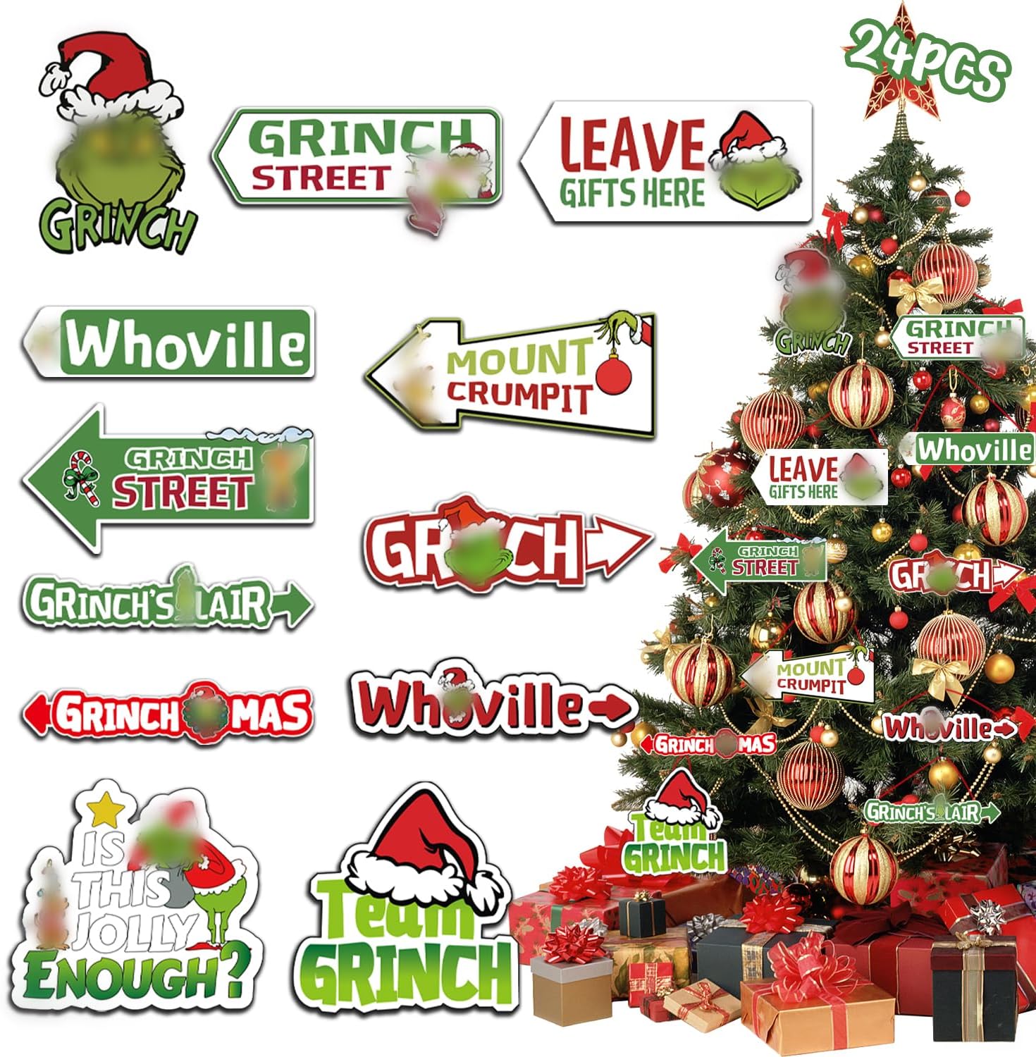 Griinchs Christmas Decorations – 24 PCS Double Sided Christmas Tree Decor Paper Cards Signs Ornaments, Xmas Cute Christmas Decorations for Home Indoor Party Wall, Christmas Tree Ornaments Decorations