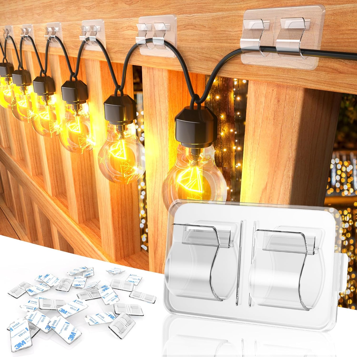 Hooks for Outdoor String Lights Clips: 25Pcs Heavy Duty Cable Clips with Waterproof Adhesive Strips for Hanging Christmas Light – Outside UV-Resistant Clear Sticky Cord Holders Rope Organizer