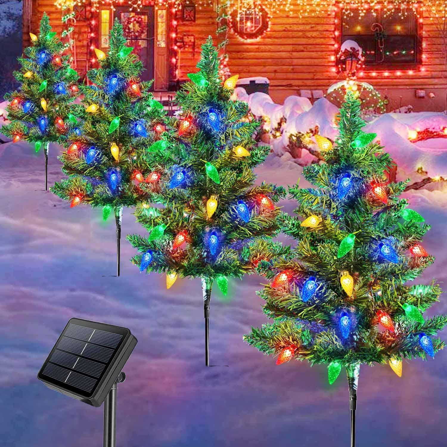 Homeleo 4 Set Solar Christmas Tree w/ 80pcs Multicolor C6 LED Christmas Lights for Outdoor Christmas Decorations,Solar Powered Prelit Small Christmas Tree for Holiday Outside Pathway Garden Yard Decor