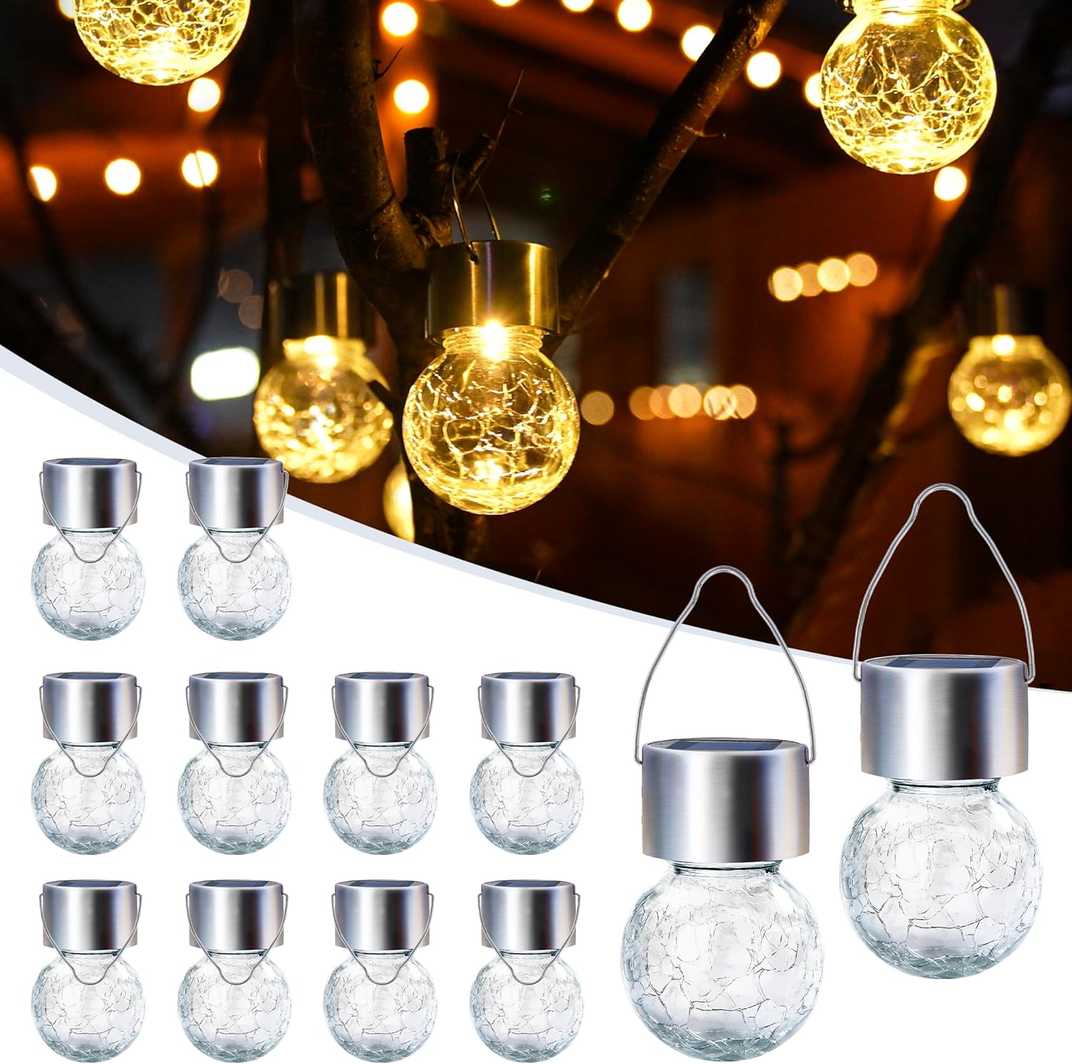 GIGALUMI 12 Pack Solar Outdoor Lights, Solar Hanging Lights for Christmas Decoration-Cracked Glass Solar Lights Outdoor Waterproof for Garden, Yard, Fence, Tree(Warm White)