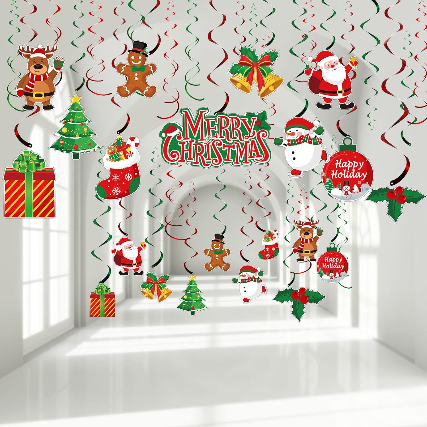 30 Pcs Christmas Swirl Ceiling Hanging Decorations Set Xmas Holiday Snowman Elk Sign Hanging Foil Indoor Decorations for Ceiling Xmas Holiday Party Supplies (Santa Bell Snowman)