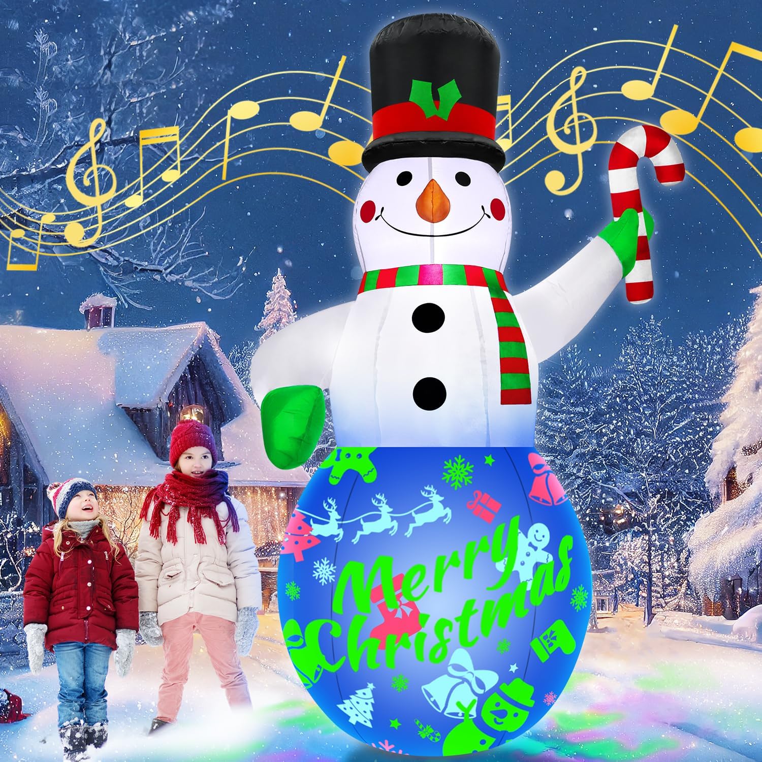 7Ft Christmas Inflatables Snowman Built-in Music Box & Rotating Colorful LED Lights, Christmas Inflatable Decoration Outdoor Blow Up Yard Decoration Snow Man for Holiday Party Xmas New Year