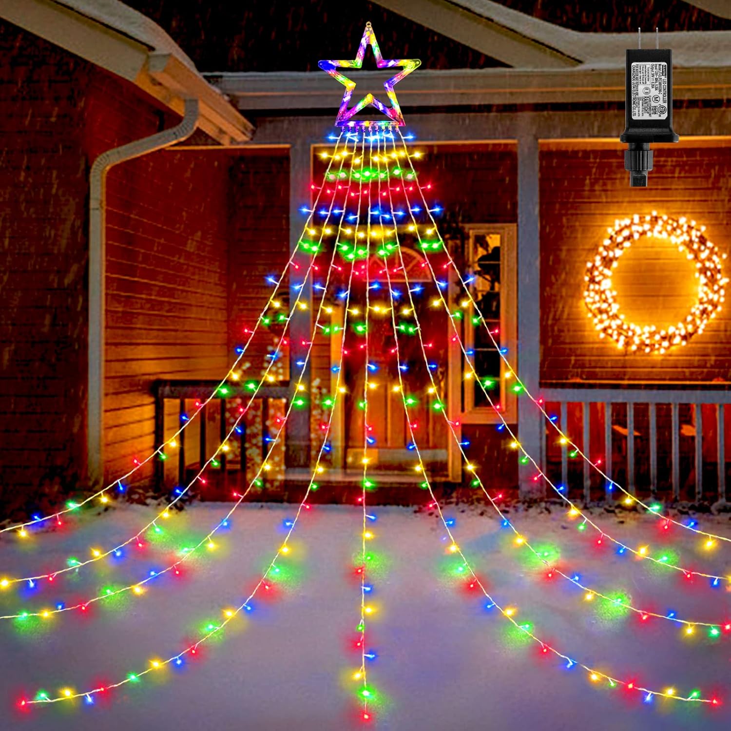 BlcTec Outdoor Christmas Decorations, 317 LEDs Christmas Lights with 9 Strands 11.9ft Waterfall Christmas Tree Lights, 8 Modes, Waterproof, Topper Star & Timer for Yard Patio Xmas Décor, Multicolor