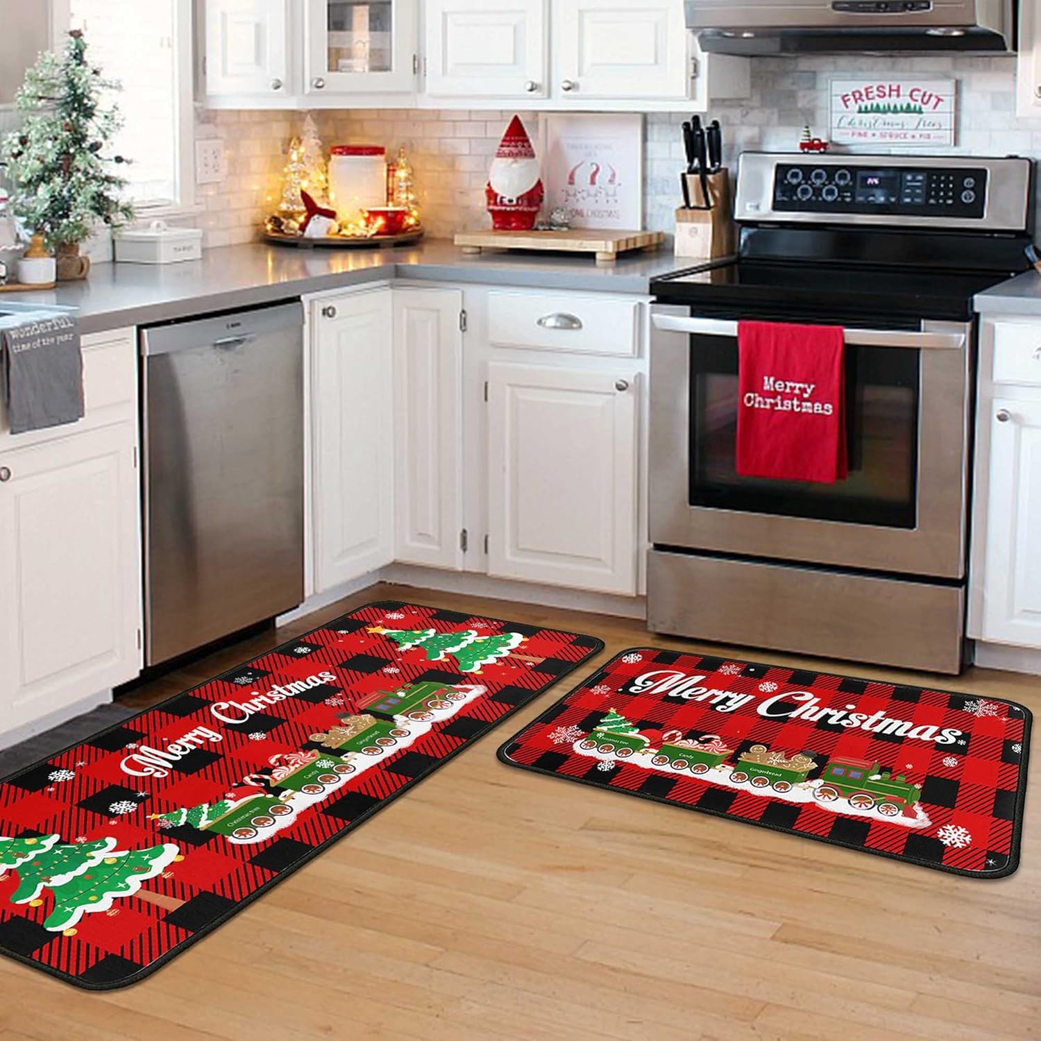 Christmas Kitchen Rugs and Mats Set (2 PCS), Merry Christmas Indoor Floor Mats Red Black Buffalo Check Plaid for Winter, Xmas Door Mat Runner Rug Mat for Kitchen Home Decor (17″x47″+17″x30″)