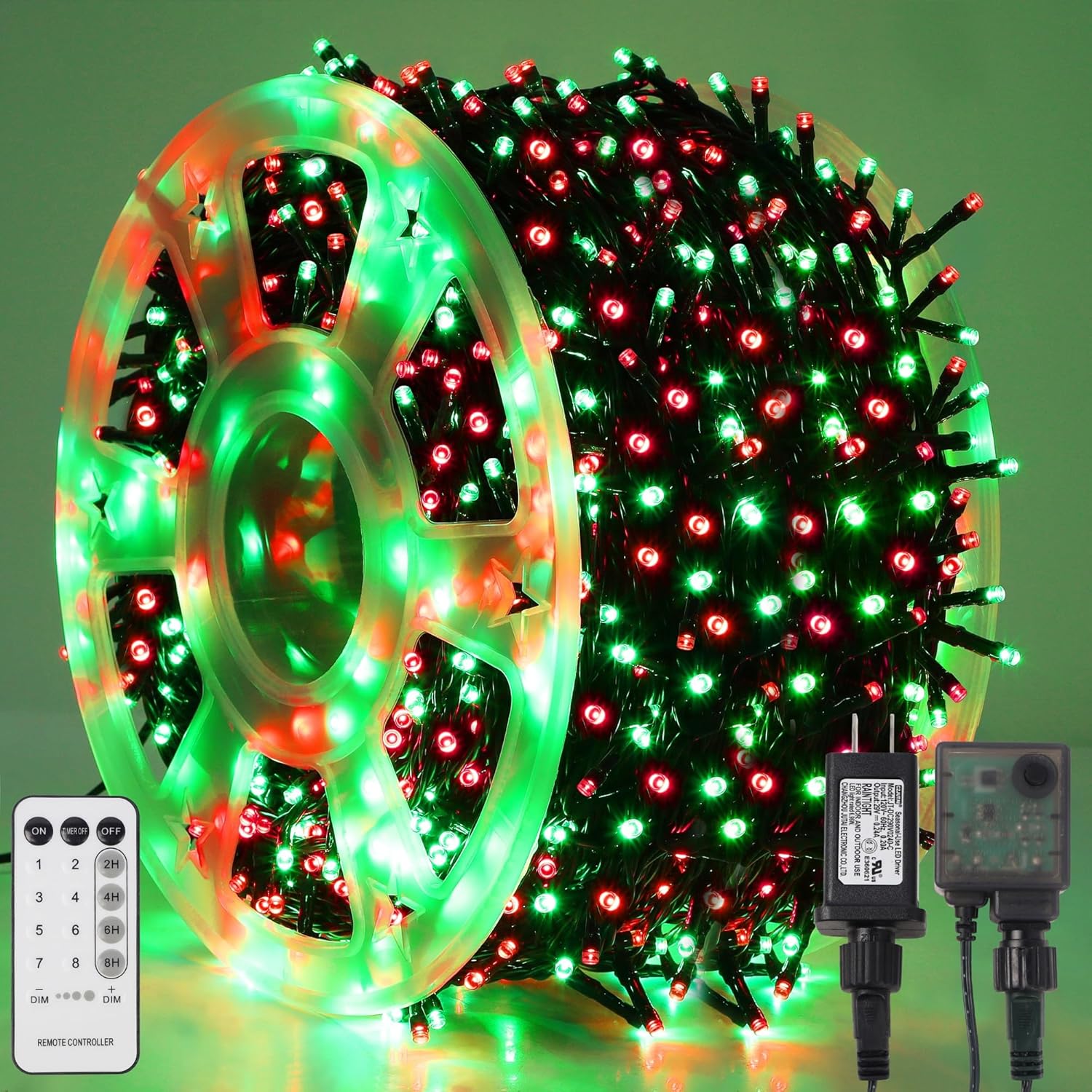 LJLNION 1000LED Christmas Lights, Extra Long 328FT Xmas Green Wire Fairy String Lights Plug in Outdoor, Remote Control & 8 Lighting Modes, Waterproof for Wedding Party Bedroom Decorations, Red & Green