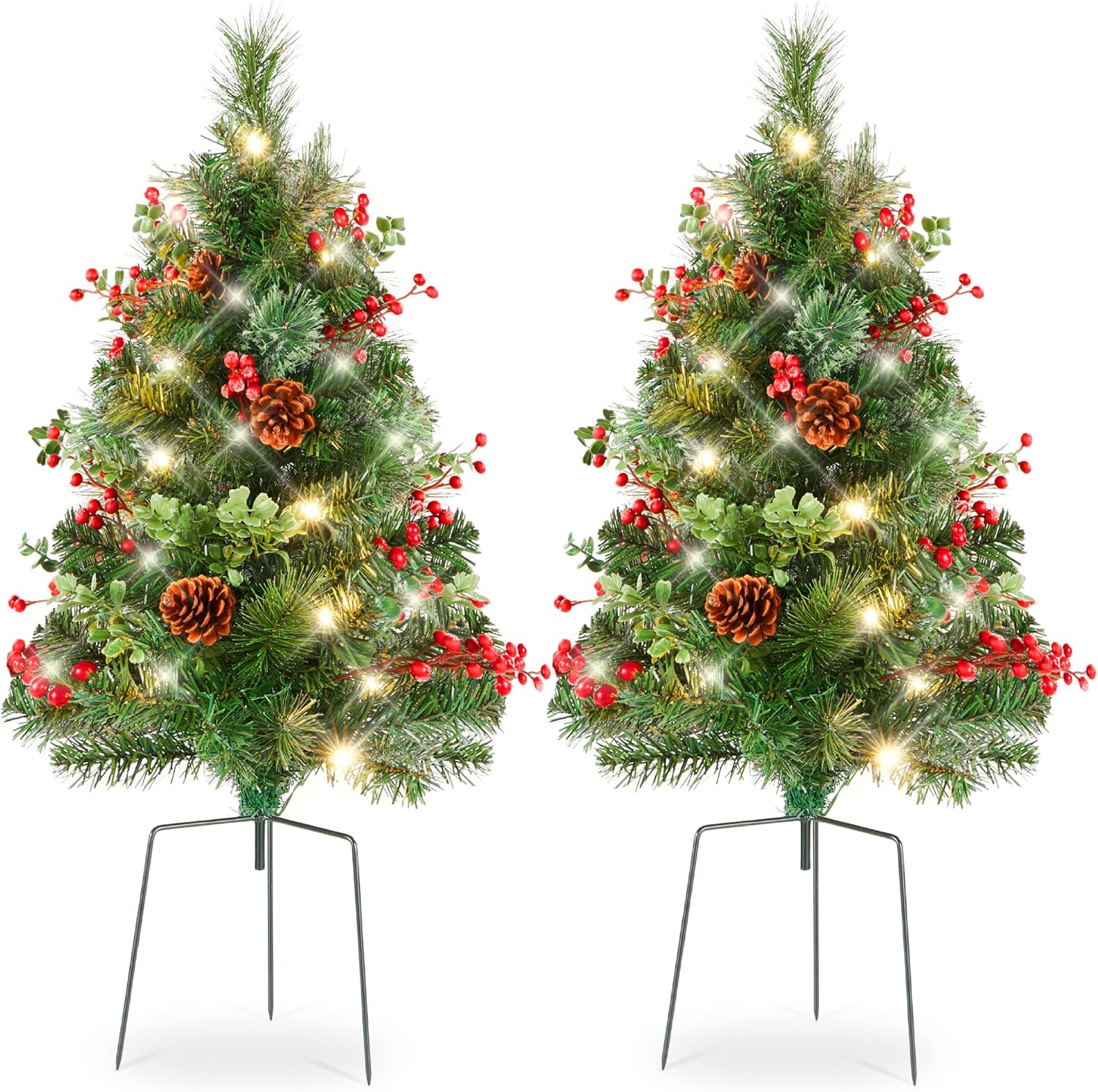 Best Choice Products Set of 2 24.5in Outdoor Pathway Christmas Trees, Battery Operated Pre-Lit Holiday Décor w/LED Lights, Red Berries, Pine Cones