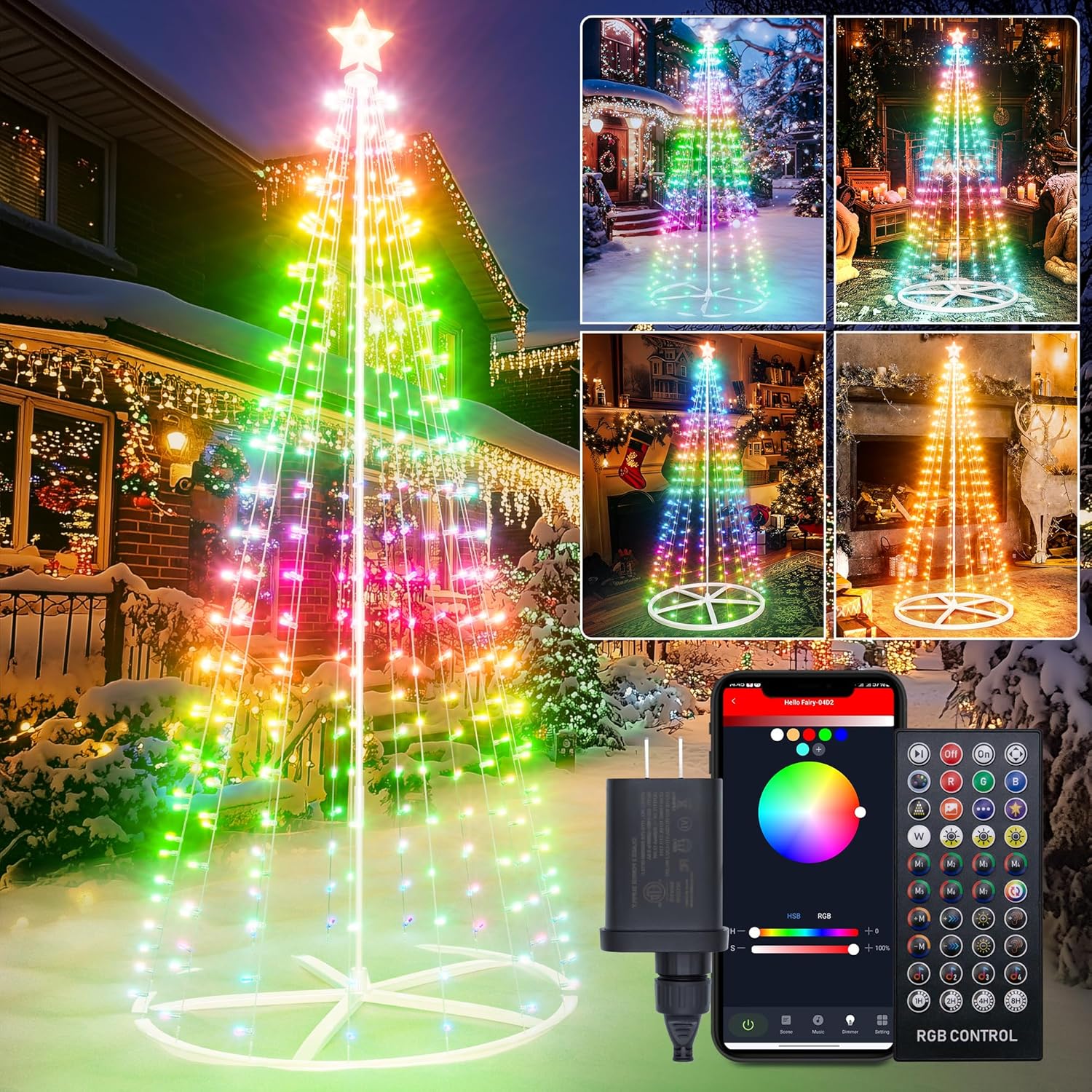 9ft Smart LED Christmas Cone Tree Light,Outdoor Lighted Christmas Tree Lighted Tree, Music Sync with Remote APP Control, DIY Colors LED Light Show Tree for Indoor Outdoor Decorations