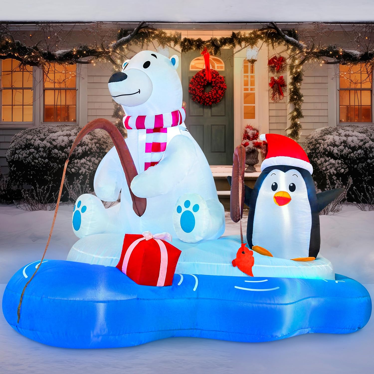 Joiedomi 6 FT Long Christmas Inflatable Polar Bear Fishing with Penguin, Blow Up Yard Decoration Inflatables with Built-in LEDs for Christmas Party Outdoor, Yard, Garden, Lawn Décor